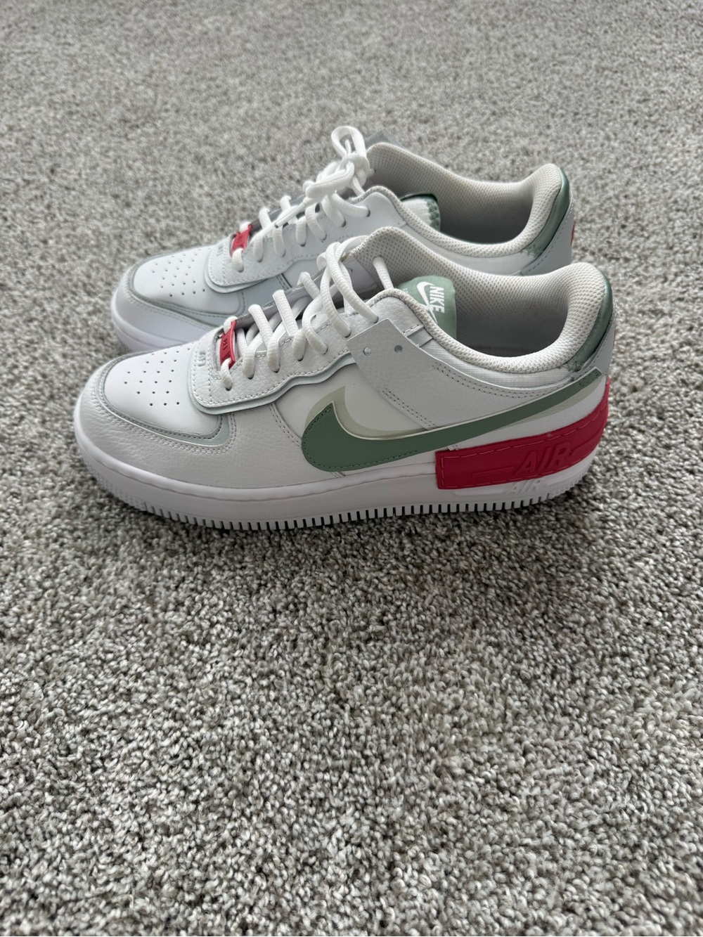 Nike White Sneakers with Sage Green Swoosh & Pink Heel Panel
